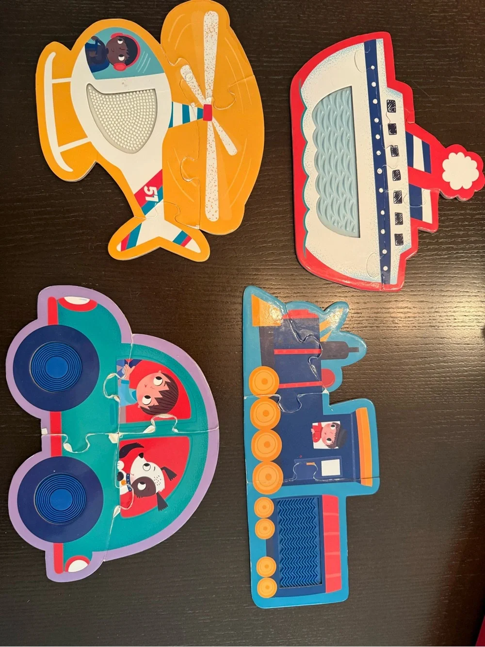 Touch and Feel Kids Vehicle Puzzle Set - Colorful Plane, Boat, Car & Train